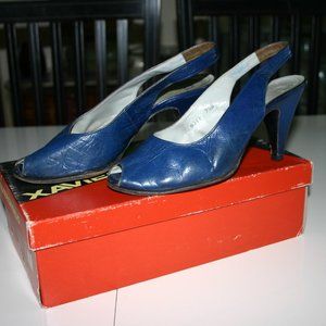 XAVIER DANUAD 7.5 B Dark Blue Sling-Back Leather/France Vintage 1982
